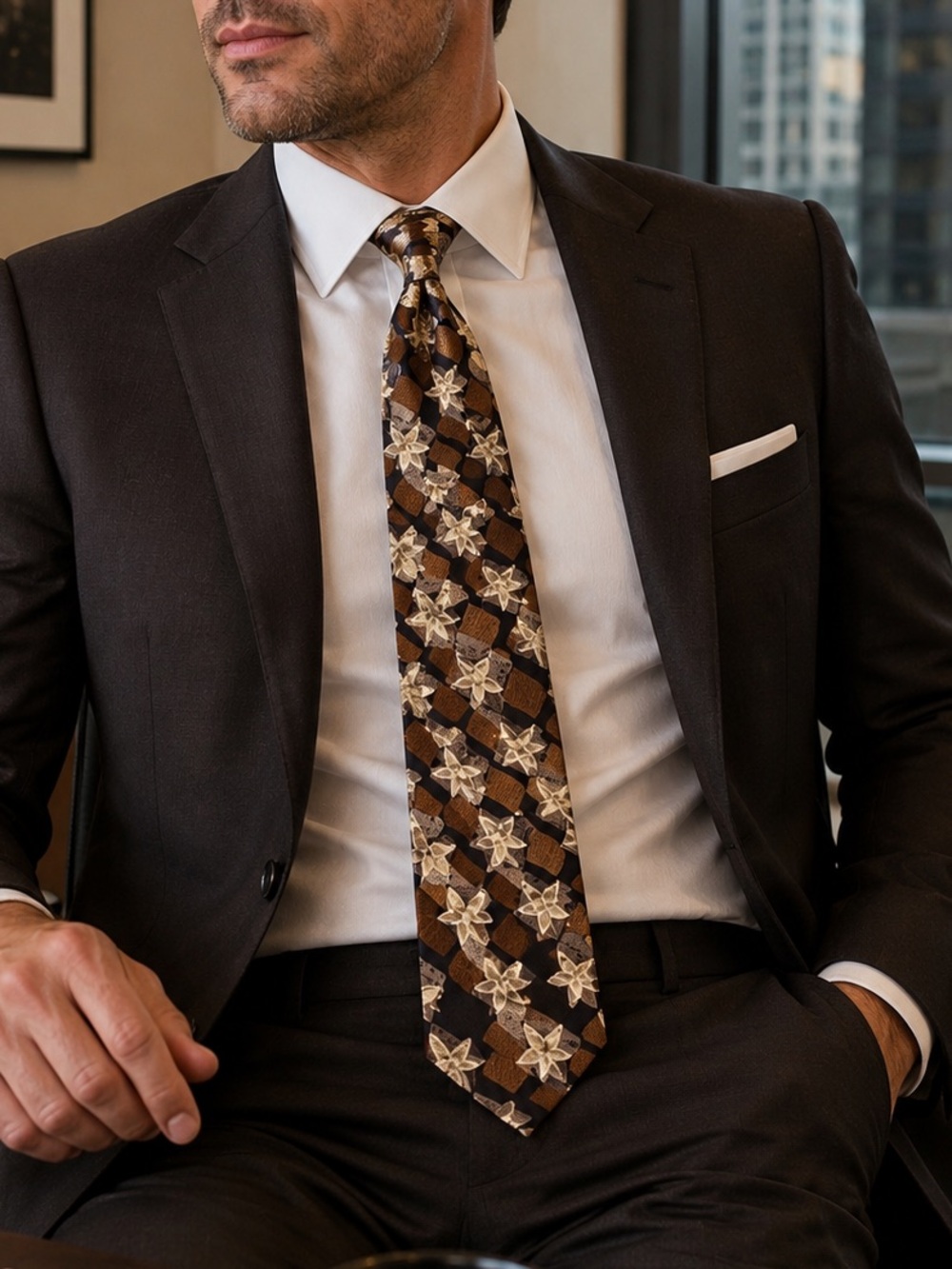 Structure Brown Floral Silk Tie | Vintage Style Pattern Mens